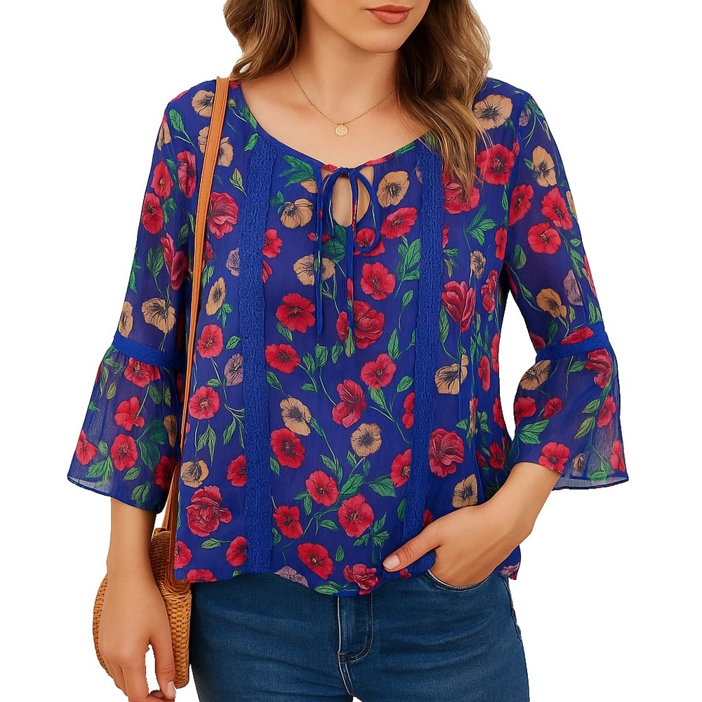 Lauren Conrad Royal Blue Floral Sheer Bell Sleeveβ Blouse XL Romantic Boho